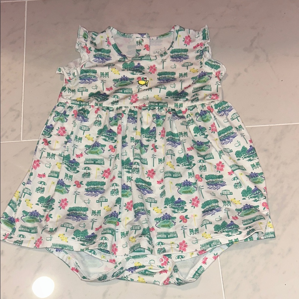 Masters White Baby Girl Printed Dress Romper with Green & Pink Motif